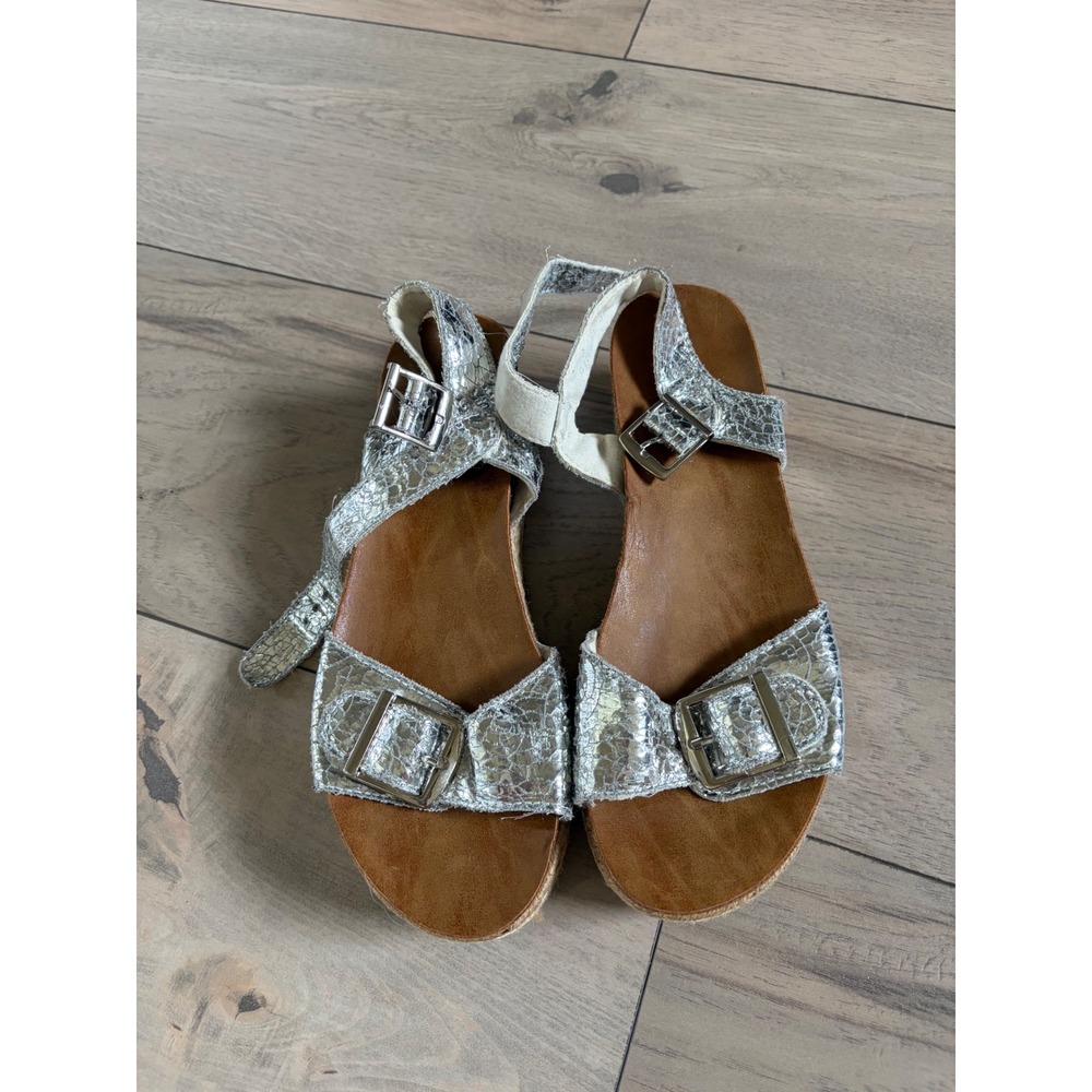 Silver Metallic Platform Sandals Double Buckle Espadrille Wedge Shoes Womens